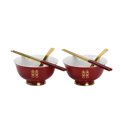 结婚喜碗对碗红色对碗筷餐具套装