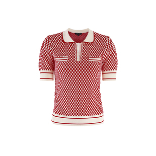 MARYLING玛俪琳夏季小翻领短袖红白格针织套头衫 A1CCW03280