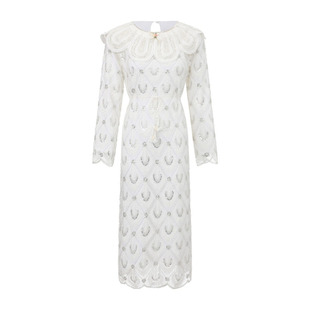 脸儿艺 重磅手工雪白毛茸茸 通身钉珠刺绣 可爱花瓣大翻领 连衣裙