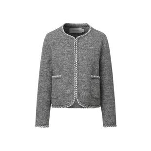 VGRASS冬新款羊毛混纺经典复古静奢小香风灰色短款外套圆弧下摆