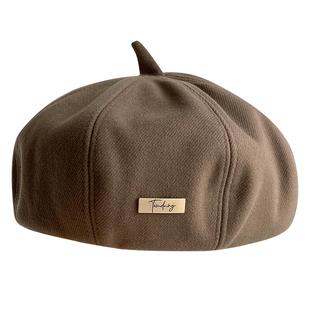 贝雷帽女秋冬季黑色时尚字母百搭蓓蕾帽画家帽立体有型南瓜帽保暖