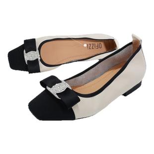 红粉知己真皮女鞋2025春方头蝴蝶结浅口单鞋软皮软底小香风奶奶鞋