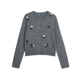 pusumede 晨雾留白 韩版花朵毛衣开衫女宽松软糯羊毛针织衫外套