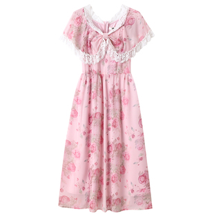 300斤甜美蕾丝长裙胖仙女莹莹大码女装胖mm蝴蝶结碎花收腰连衣裙