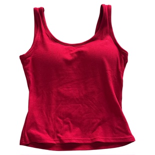 红色露背吊带背心女内搭u型美背文胸一体打底瑜伽带胸垫外穿上衣