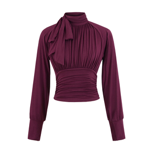 YoungGirlDay韩系轻熟纯欲风小高领系脖飘带褶皱收腰长袖T恤上衣