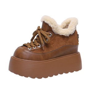 2025冬季新款10cm内增高女鞋厚底加绒小皮鞋百搭保暖面包鞋乐福鞋