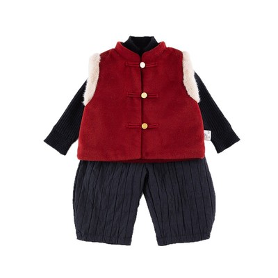 新中式喜庆男童冬装马甲套装宝宝拜年服过年新年唐装周岁礼服冬季