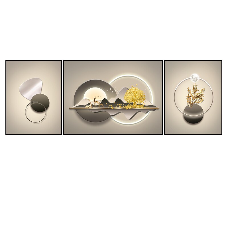 轻奢福鹿高级感发财树客厅沙发背景墙壁装饰画三联壁画简约大气