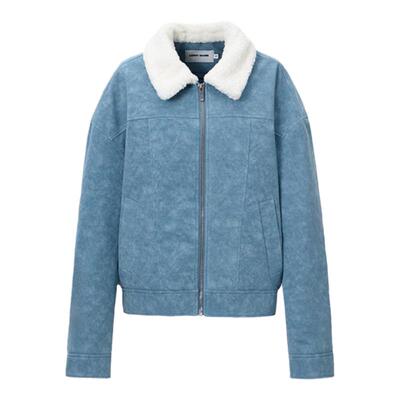 LEDIM WANG水洗皮解构棉服女2024冬季新款美式复古高级感毛领外套
