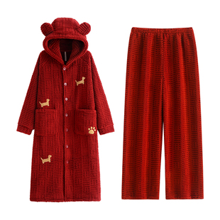 悦内情侣睡袍男睡衣女秋冬季珊瑚绒保暖长款家居服红色本命年套装