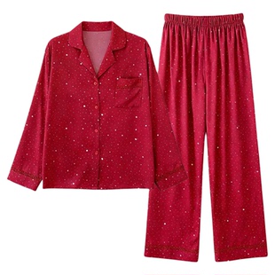 真丝睡衣本命年红色星星春秋款开衫式翻领轻奢高级感丝绸缎面套装