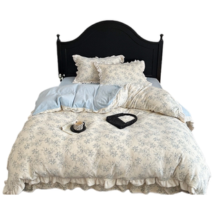 法式田园牛奶绒花边床上四件套加厚公主风珊瑚绒床单被套三件套
