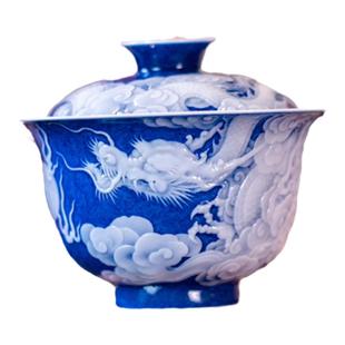 小雅瓷器丨初蓝舍洒蓝釉堆白雕瑞兽霸王龙纹 麒麟狮盖碗窑主亲绘