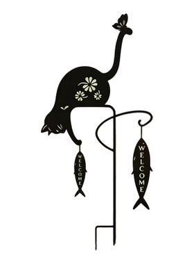 美式乡村猫咪掏鱼铁艺地插牌