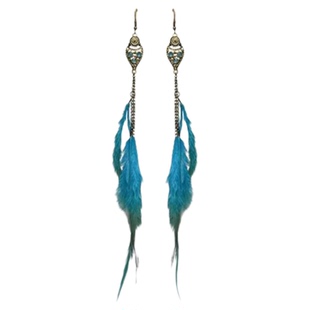 孔雀翎蓝~镶钻羽毛耳坠小众个性波西米亚女蓝色长款云南旅拍耳饰