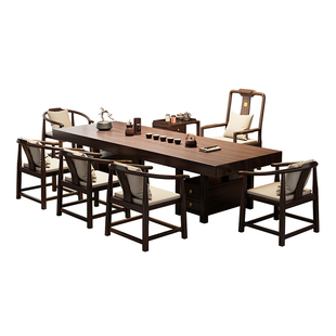 乌金木新中式大板茶桌椅组合一桌五椅客厅茶几办公家用功夫泡茶台