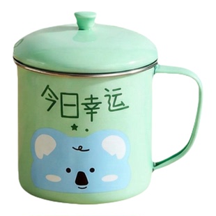 不锈钢儿童卡通烤瓷杯子带盖喝水口杯幼儿园专用宝宝牛奶杯耐腐蚀