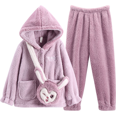 芬腾珊瑚绒女童睡衣秋冬季加厚加绒套装可爱女孩儿童家居服三件套