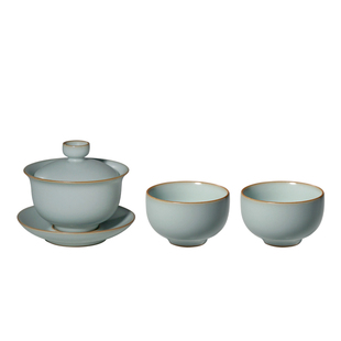 青澹汝窑盖碗套装家用泡茶碗景德镇功夫茶具陶瓷手工复古汝瓷礼品