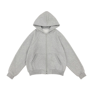 380g重磅灰色加绒连帽卫衣男款秋冬拉链开衫男生冬季新款加厚外套