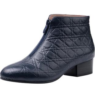 VDVC新款真皮单靴菱格中跟3cm粗跟圆头短靴及踝靴前拉链马丁靴女