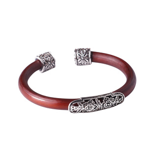 西藏鸡血藤手镯男女款无节藏银挂坠铃铛祥云哪吒饰品天然藤木镯子