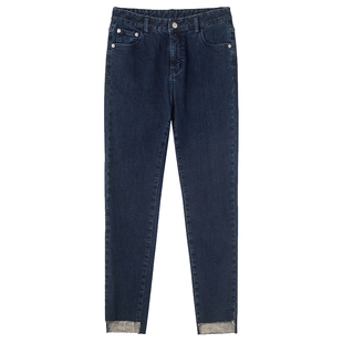 布景牛仔裤女秋冬潮流毛边做旧前短后长脚口设计打底修身长裤1727