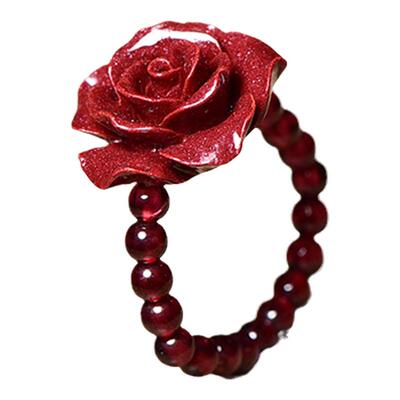 原矿朱砂本命年玫瑰花戒指弹力