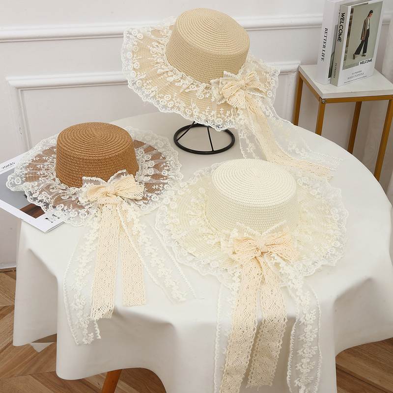 新款平顶蕾丝草帽女户外复古蝴蝶结大帽檐出游太阳帽法式遮阳帽