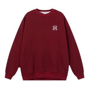 MLB&NY官网旗舰店圆领酒红色卫衣女秋冬加绒加厚纯棉宽松情侣上衣
