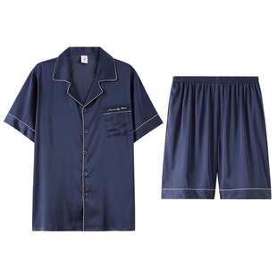 男士睡衣夏季冰丝短袖短裤薄款夏天男式仿真丝绸大码家居服套装