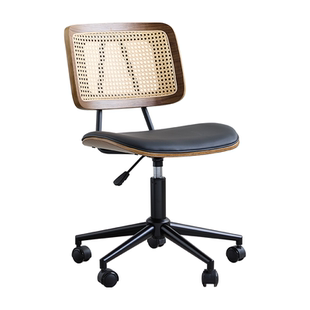 顾家家居复古藤编电脑椅家用实木椅中古风书桌椅书房转椅办公椅