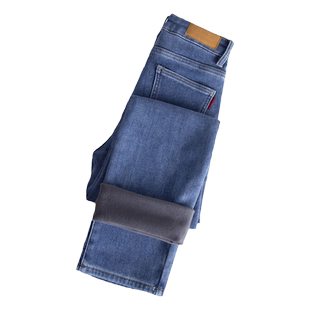 小个子八分蓝色高腰加绒牛仔烟管裤子女士显瘦显高九分直筒裤