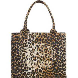 GANNI女包 logo刺绣豹纹大号帆布托特包便携手提包