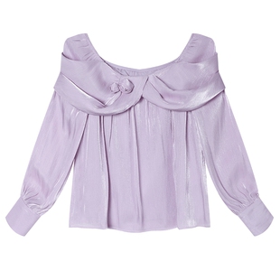 白鹿语甜美淑女风一字领立体花朵衬衫26春新款紫色气质洋气上衣