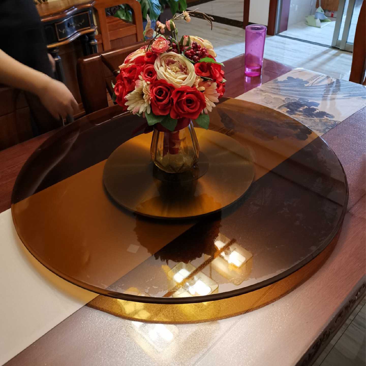 餐桌茶色转盘钢化玻璃饭店大圆桌铝合金底座圆台实木桌面家用酒店图片