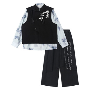 男大童春季长袖日常汉服套装2026新款儿童装新中式国风唐装三件套