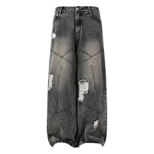 王橹杰同款PASET美式复古破洞水洗宽松小众结构设计阔腿牛仔裤男