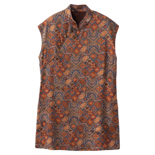 SILVIYE/溯也桑蚕丝真丝香云纱斜门襟盘扣长款奥黛上衣女无袖T恤