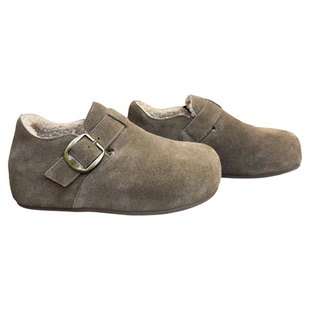 欧洲站真皮加绒勃肯鞋女2025年冬季新圆头棉鞋丑萌皮带扣休闲单鞋