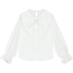 妖精的口袋蝴蝶结蕾丝拼接白色衬衫女2026年早春新款喇叭袖上衣