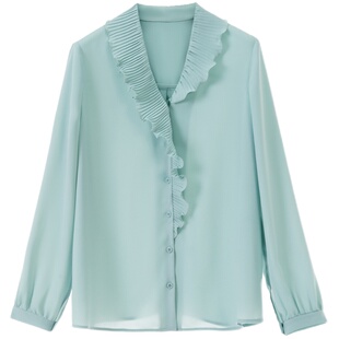 朗姿v领荷叶边设计感上衣衬衣女冬季新款百搭高级感气质长袖衬衫