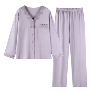 妈妈睡衣女春秋季纯棉长袖薄款加大码中老年妇女士家居服全棉套装