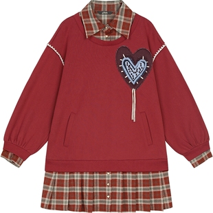 妖精的口袋格纹拼接加绒红色连衣裙女2025冬季新款卫衣裙新年穿搭