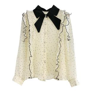 法式别致娃娃领长袖衬衫女秋设计感减龄洋气波点雪纺衫荷叶边上衣
