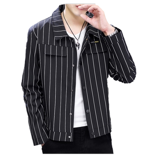 2026新款夹克男翻领韩版条纹上衣服青年帅气男装春秋潮流休闲外套