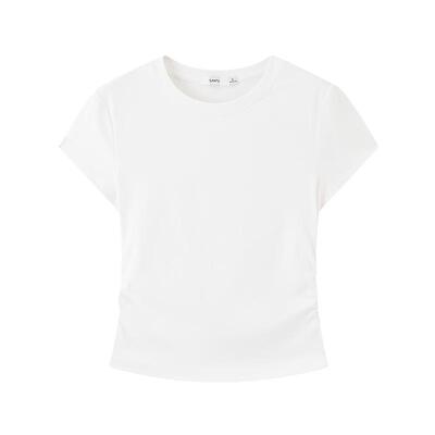 三福短袖T恤女2026新款夏季小个子褶皱收腰修身短款圆领上衣女装