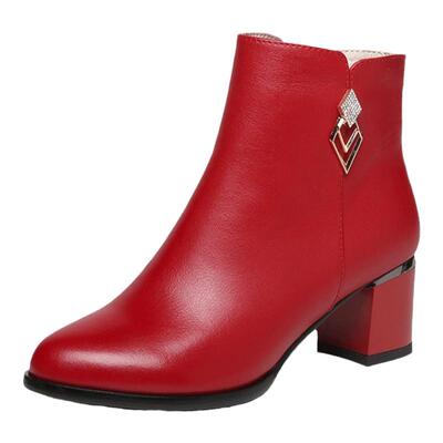 红色女靴子头层牛皮厚底加绒短靴