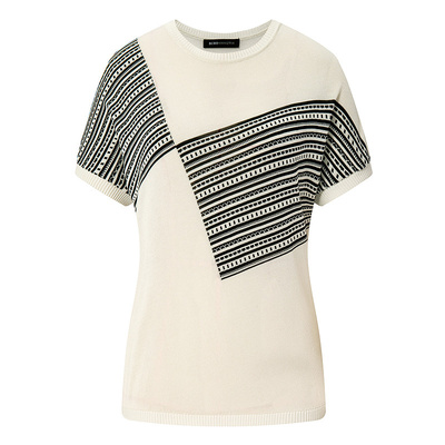 BCBG春夏时尚气质莱赛尔时髦精致撞色拼接圆领女式上衣女针织衫